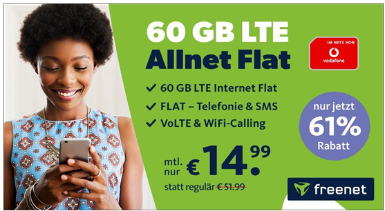 60 GB Vodafone Allnet Flat für 14,99 Euro